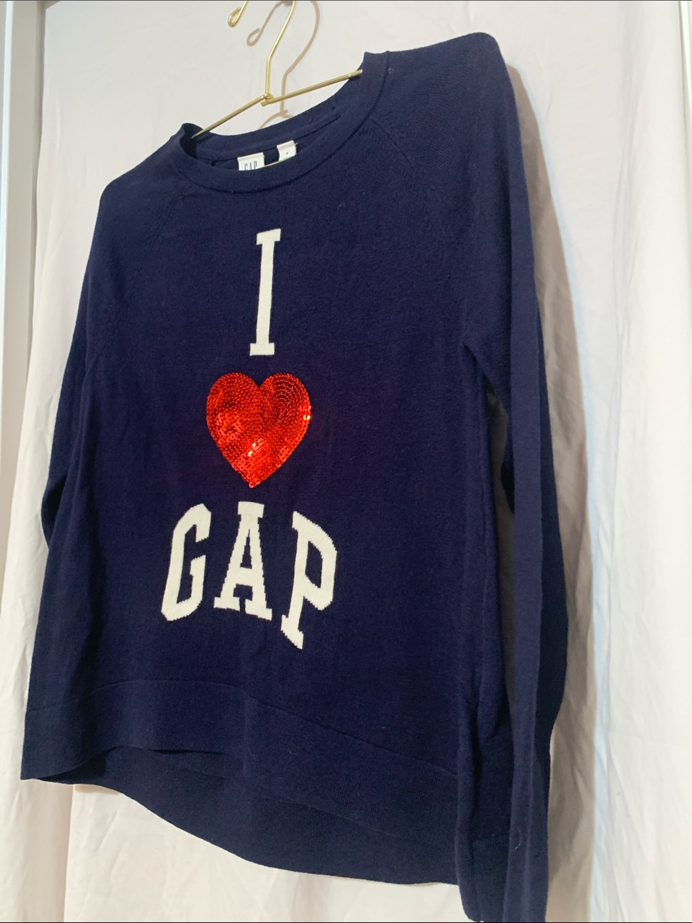 GAP Kids Navy Sweater with Red Sequin Heart and White Logo “I ♥️ GAP” EUC size M